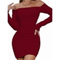 thumbnail image 2 of Women'S Off the Shoulder Long Sleeve Ruched Bodycon Dress Bustier Wrap Mini Dress Wine Red S, 2 of 9