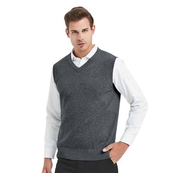 TOPTIE Men Business Solid Color Plain Sweater Vest, Cotton Fit Casual Pullover-Charcoal-L