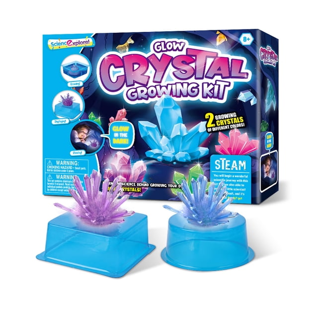 Crystal Growing Kit STEAM Chemical Science Experiment featuring two luminous crystals in purple and blue colors displayed in transparent growth containers. The kit includes materials like crystal seeds, stirring sticks, mixing containers, crystal growing powder, a UV pen, and a user manual. Designed for educational DIY projects, it allows users to grow unique crystals in 7 to 10 days while learning about crystal structure and geometry. The packaging highlights its STEAM focus and glow-in-the-dark feature, making it ideal for young science enthusiasts aged 7 and up.