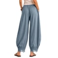 thumbnail image 6 of TEAJOPSUU Womens Cropped Lace Hem Pants Flowy Drawstring Elastic High Waisted Culottes Pants with Pockets Casual Wide Leg Palazzo Trousers Blue, 6 of 7