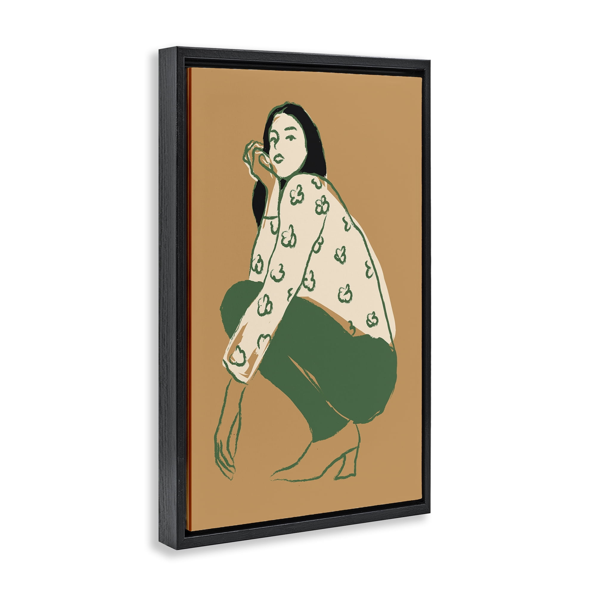 Stupell Industries Fashion Girl Kneeling Novelty Painting Black Floater Framed Art Print Wall Art, 17 x 25