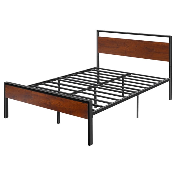 KFFKFF 14-Inch Metal Platform Bed Frame with Wooden Headboard and Footboard, Black Frame with Brown Accents, Under-Bed Storage, Noise-Free Design, No Box Spring Required, Simple Assembly