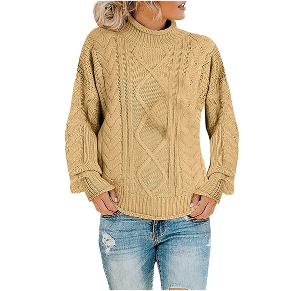 yievot Womens Sweaters 2022 Winter Fall Solid Half Turtleneck Long Sleeve Cable Knit Pullover Jumper Tops