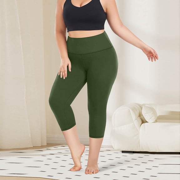 Domuza Womens Plus Size Workout Capri Leggings with Pockets Reflective Buttery Soft High Waisted Tummy Control Yoga Pants Army Green 5XL