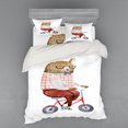 thumbnail image 2 of Funny Duvet Cover Set, Cartoon Bear Dressed up in Hipster Clothes Riding a Bike Watercolor Urban Character, Bedding Set with Shams and Fitted Sheet, 3 Sizes, by Ambesonne, 2 of 3