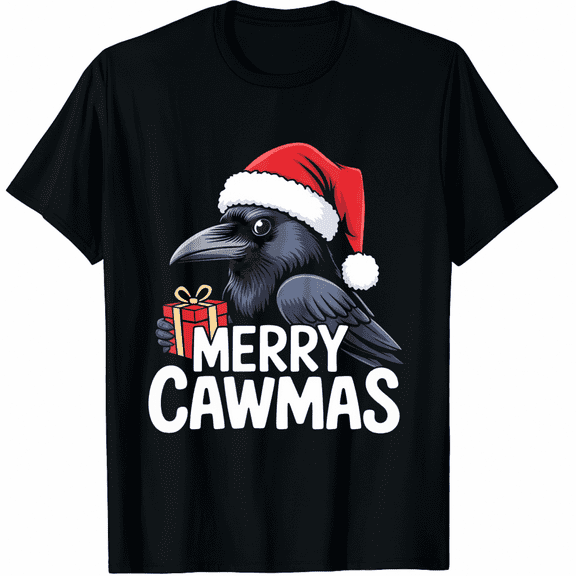 Merry Cawmas Raven Santa Hat Gift Black Short Sleeve T Shirt for Men and Women