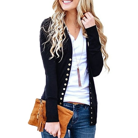 Sleeve Open Front Cardigan - JustVH Women's Long Sleeve Open Front Solid Color Snap Button Down Knit Ribbed Cardigans