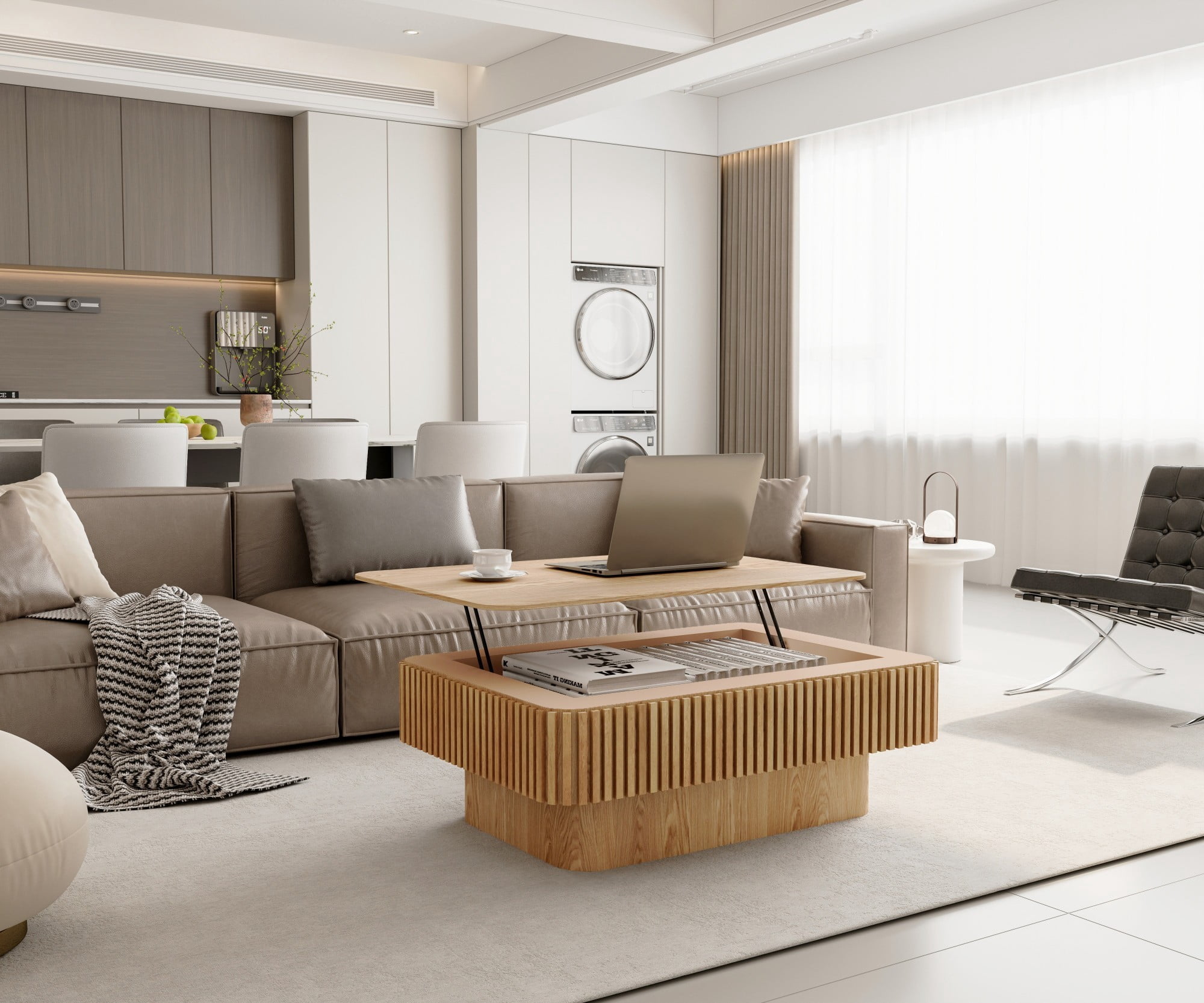Lift Top Coffee Table with Storage, 38.6" Fluted Coffee Table with Adjustable Height, Modern Wood Veneer Center Table for Living Room, Natural