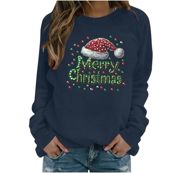 Christmas Women's Sweatshirts Casual Xmas Graphic Tops Crewneck Sweatshirt Trendy Long Sleeve Holiday Christmas Printed Blouses Pullover