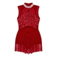 thumbnail image 4 of TTAO Girls Sequins Tassel Hem Latin Dance Dress Leotard Rumba Samba Jazz Dance Dress Costumes Burgundy 12, 4 of 5
