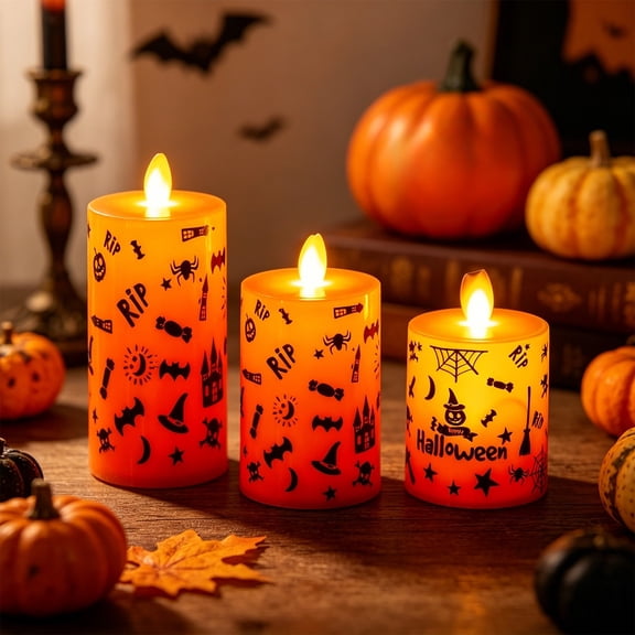 Orangide Halloween Electronic Candles 3-Pcs Set Flameless Pumpkin Witch Candles with Simulation Flame Atmosphere Party Decor for Home Indoor Night Fall