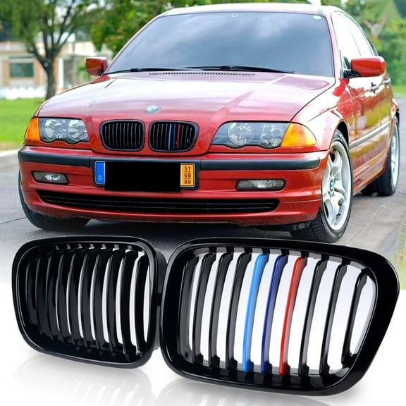 Astra Depot Glossy Black M-Color Front Kidney Grille Grill for 1998-2001 E46 Sedan 320i 323i 325i 328i 330i 4-Door (2pcs)