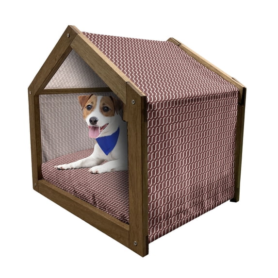 Retro Pet House, Curvy Wavy Lines Simplistic Pattern on Dark Red Background Vintage Twist Tile, Outdoor & Indoor Portable Dog Kennel with Pillow and Cover, 5 Sizes, Burgundy White, by Ambesonne
