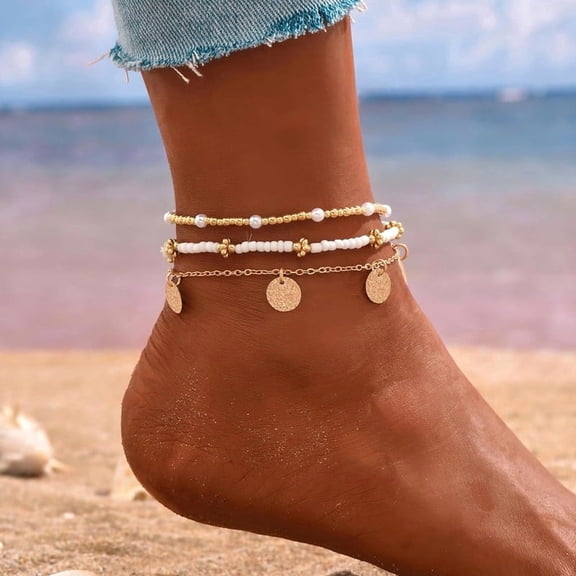 Shell Ankle Bracelet Set for Women, Gold Plated Boho Bead Adjustable Anklet, Hawaiian Beach Seashell Pearl Heart Starfish Conch Foot Jewelry Gifts