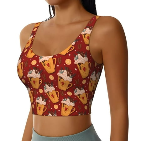Haiem Heart Christmas Hot Cocoa Pattern Womens Sports Bra - U Neck Padded Low Impact Yoga Bra Workout Crop Top Gym Moisture-Wicking Workout Vest -XX-Large