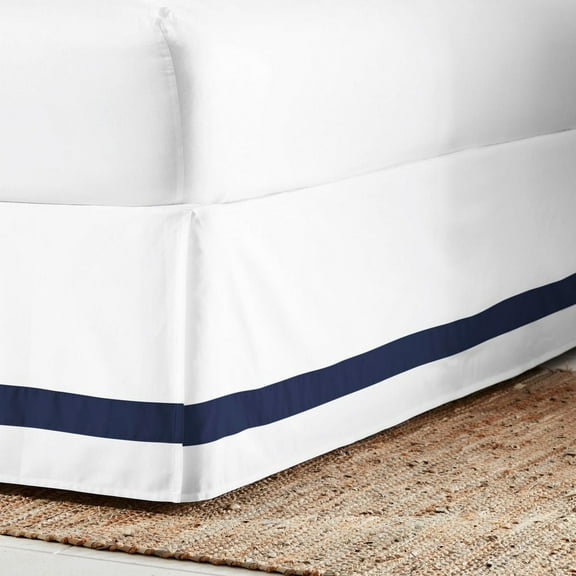 Everhome Emory Hotel Solid Border Bed Skirt, Tailored 15" Drop, White/Navy, Twin