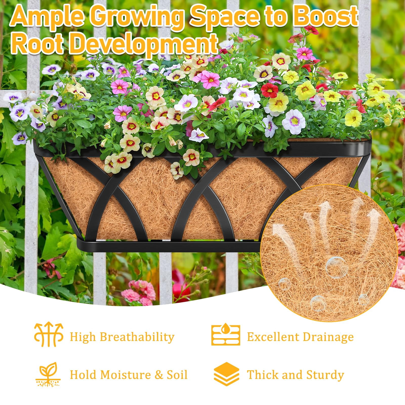 4 16inch Metal Railing Window Box Planter with Coco Liner