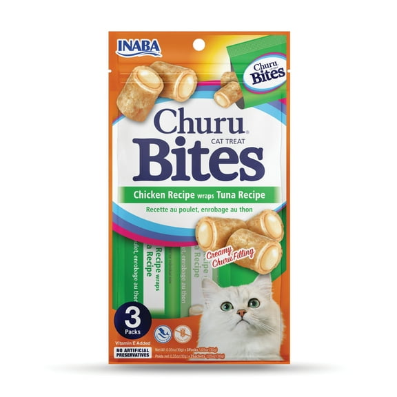 INABA Churu Bites for Cats, Grain-Free, Soft/Chewy Baked Chicken Wrapped Cat Treats with Savory Churu Centers, 0.35 Ounces Each Tube, 3 Tubes, Tuna Recipe