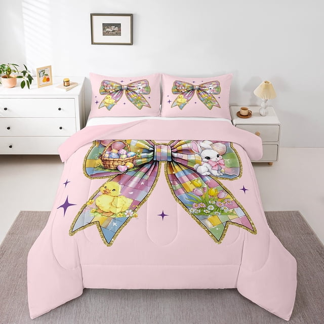 Erosebridal Ensembles de Literie Nœud Rose Double avec Couette, Insert de Couette à Carreaux, Décor de Princesse de Rêve, Réversible, Super Douillet, 3 Pcs