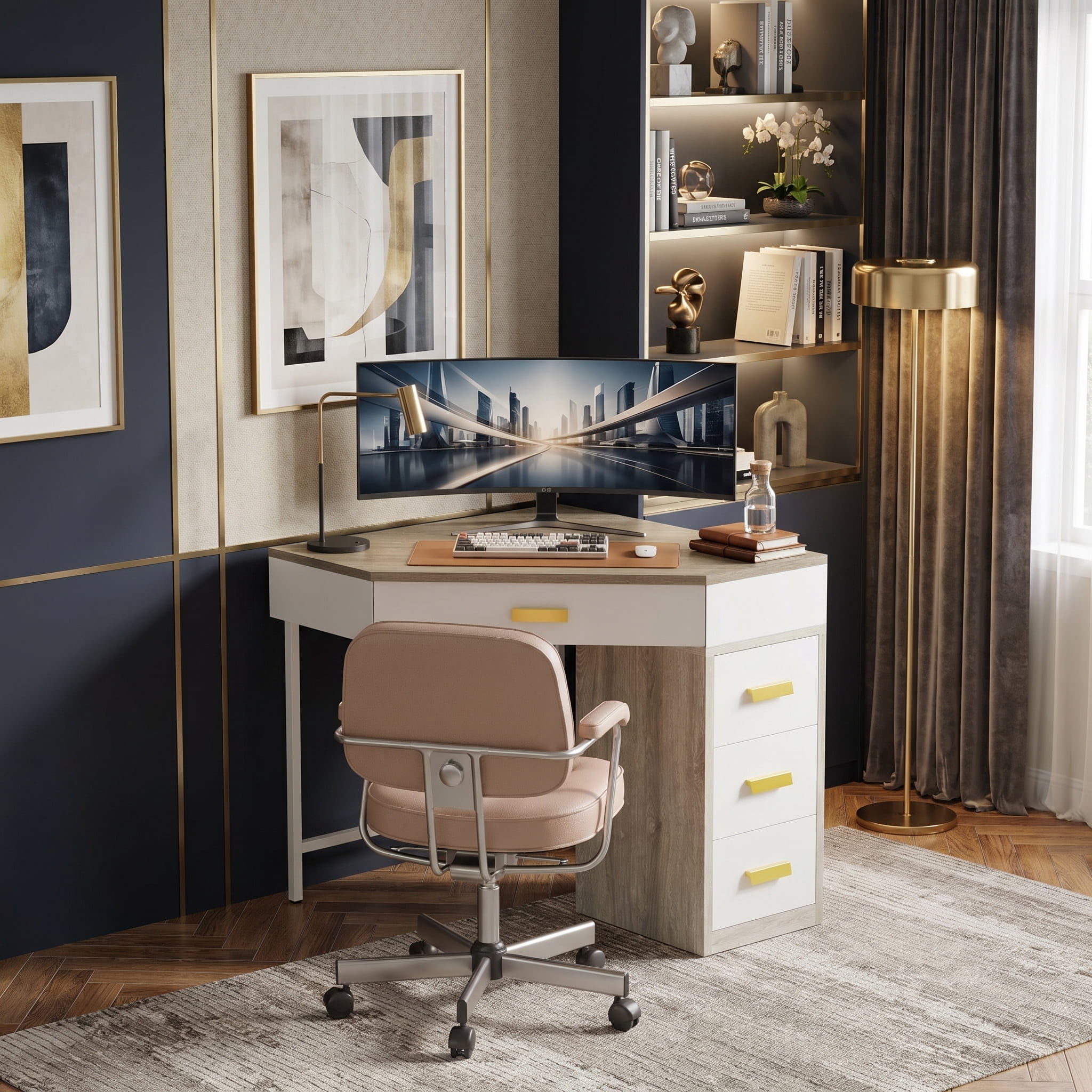 Fnova Corner Desk for Small Space, Triangle Computer Desk with 3 Drawers, 90-Degree Makeup Vanity Desk for Home Office, Bedroom (Grey+White)