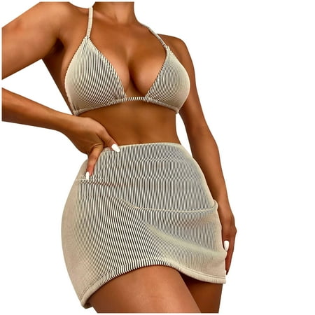 Arnsht Women s Fashion Print Split Three-piece High Waist Beachwear Set Solid Bikini Swimsuit Set Beach Skirt Set Bathing Suit Khaki L