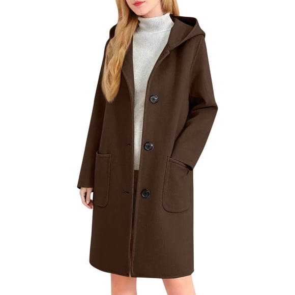 DAFEI Women's Winter Hood Wool Blend PeaCoat Single Breasted Stand Collar Casual Trench Coat Overcoat with Hat