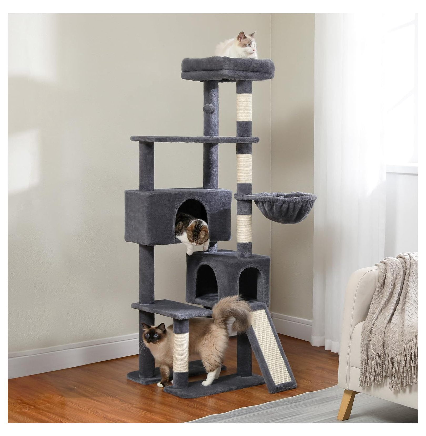 60'' Cat Tree Tower, Large Cat Condo with Scratching Posts & Hammock - Smoky Gray
