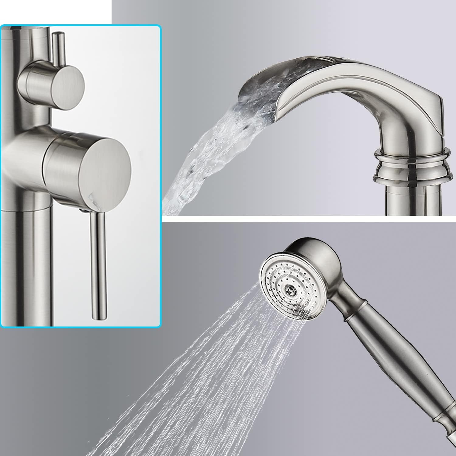 Zovajonia Brushed Nickel Bathroom Single Handle Freestanding Bathtub Faucet Floor Mounted Waterfall Tub Filler with Hand Shower Set