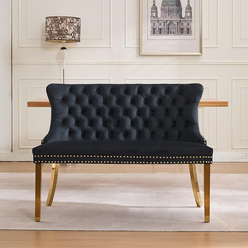 Modern Velvet Double Dining Loveseat Bench, 2 - Seat Tufted Wingback Bench with Handmade Buttons, Gold - Plated Steel Legs, Upholstered Armless Dining & Living Room Seating