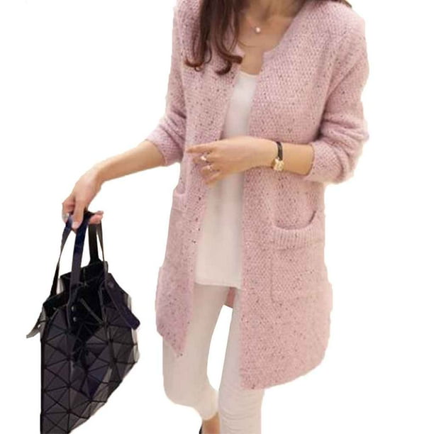 Mujeres primavera / otoño suéter de longitud media cárdigan de manga larga coreano bolsillo delgado suéter de punto suelto abrigo kenally FS6514-01