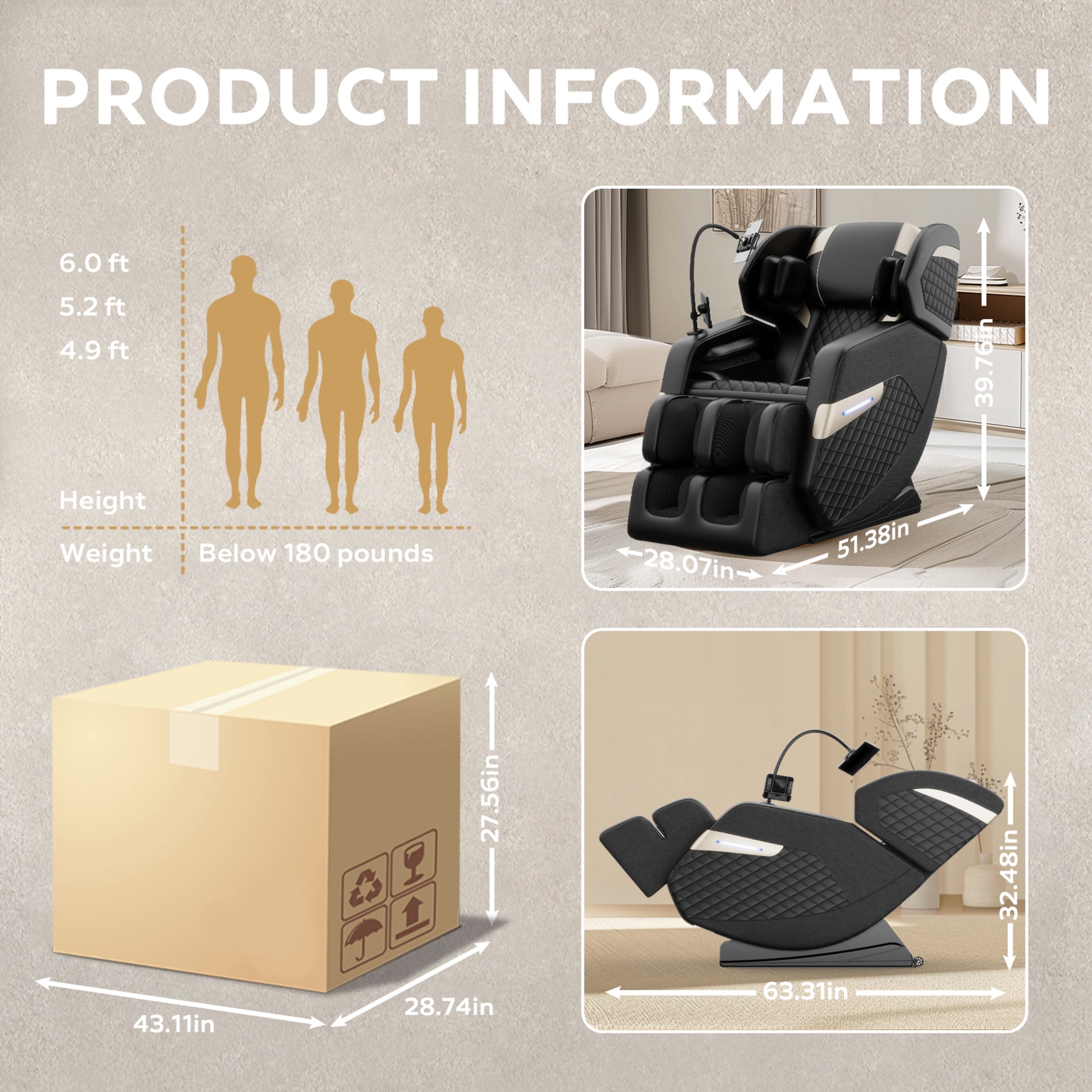 Noble House Vystan PU Leather Zero Gravity Power Reclining Massage Chair with Heating and Full-Body Air Pressure, Black