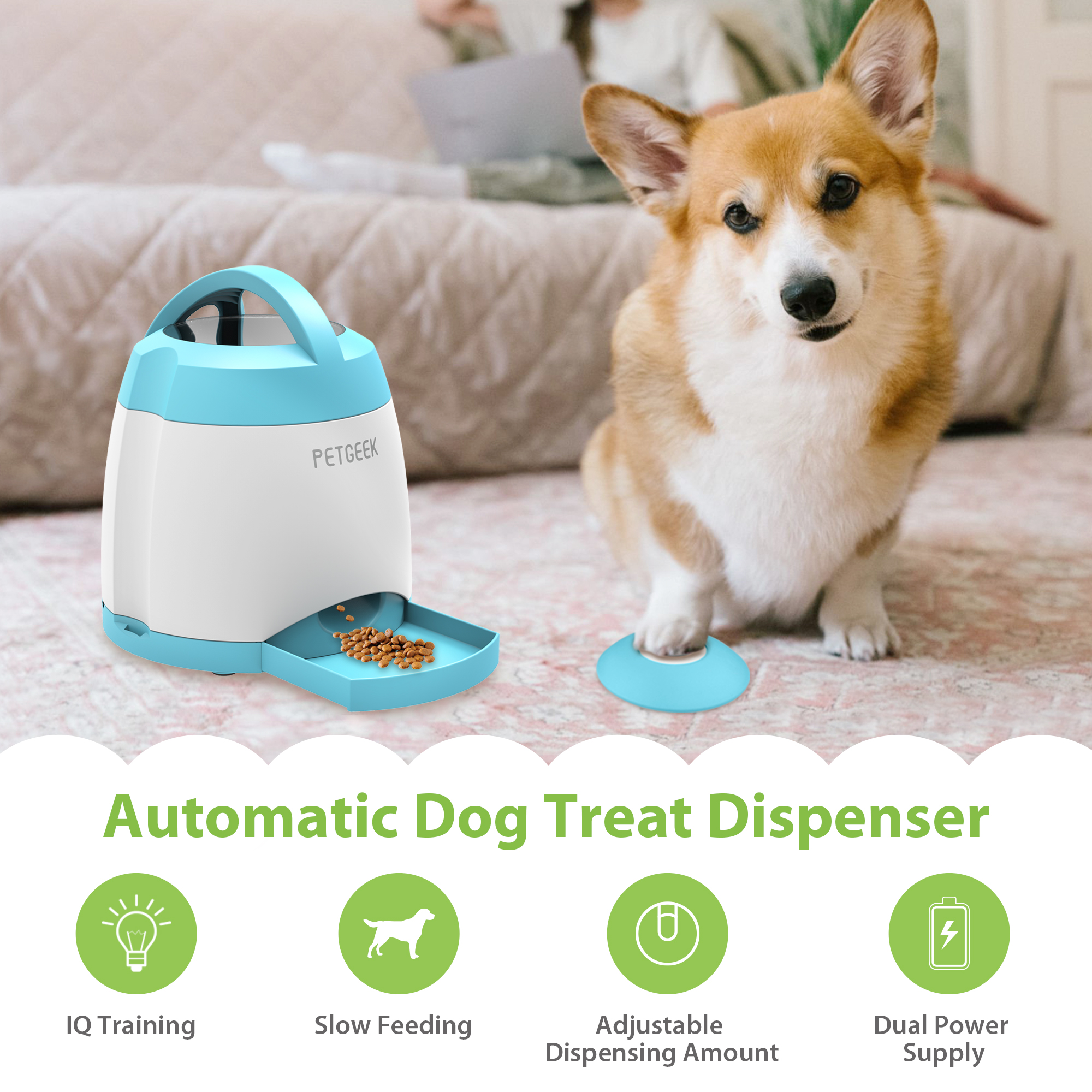 PETGEEK Automatic Dog Treat Dispenser, Interactive Pet Toy Food Dispensing for IQ Training, Dog Food Dispenser with Button Remote Push, Dual Power Supply for Indoor