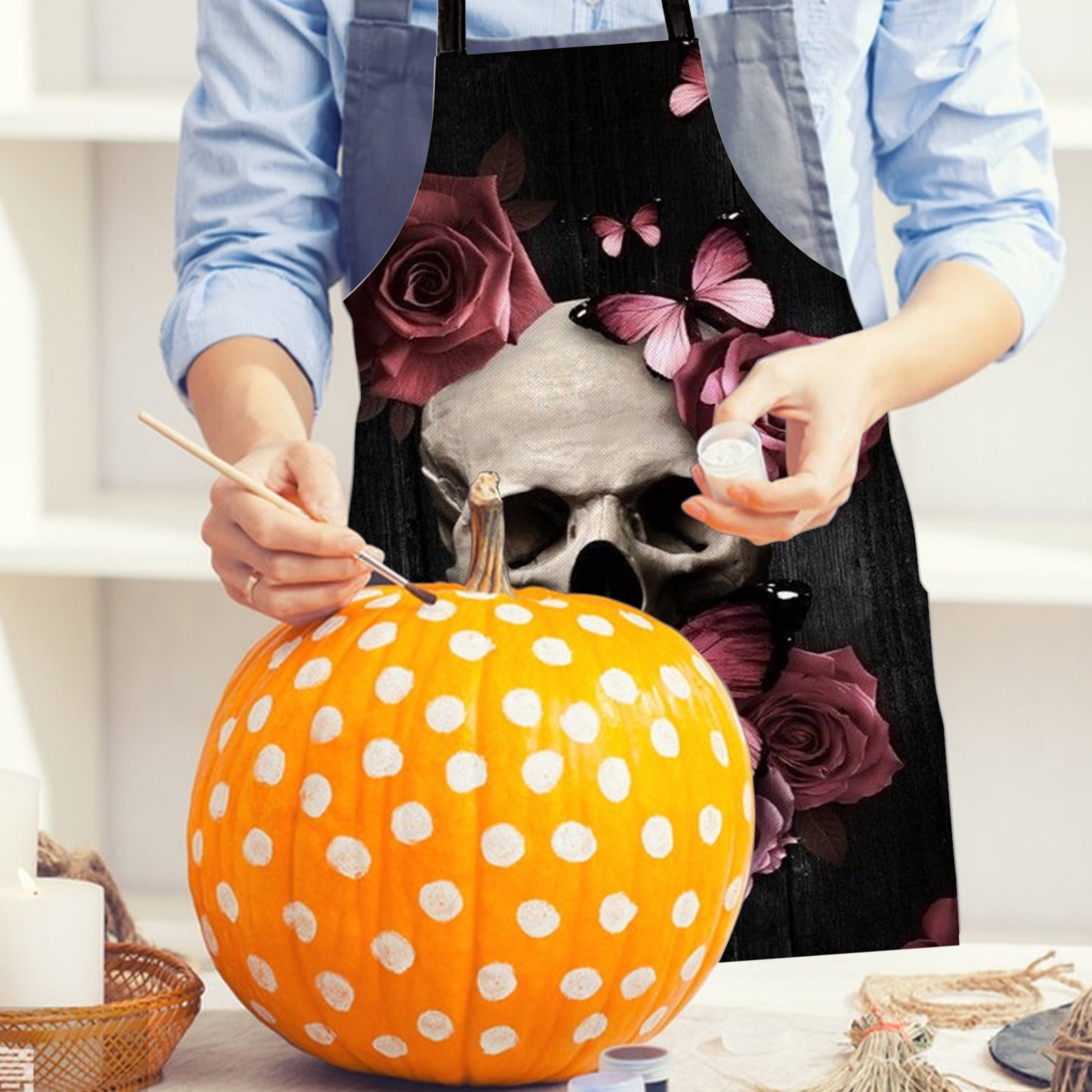 Halloween Apron For Men And Women, Premium Skull Rose Pattern Gothic Holiday Decorative Apron for Kitchen, Dining Room, Cooking