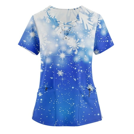

Ovticza Christmas Scrub Top Women Tree with Pockets Xmas Nursing Short Sleeve V Neck Soft Print Christmas Scrubs for Women Top and Bottom Royal Blue M