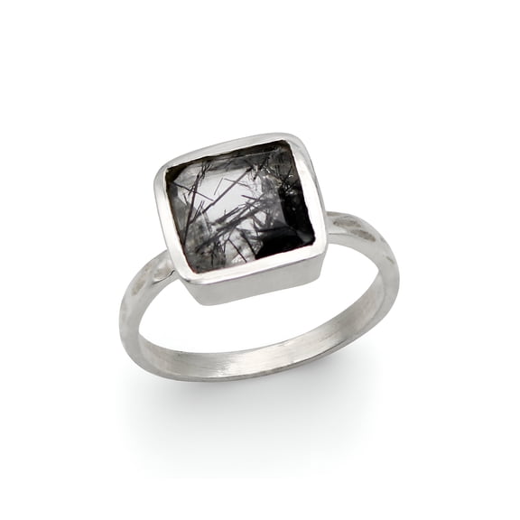Black Rutile Ring-Vintage Sterling Silver Ring-Large Gemstone Ring-Black Stone Ring-Square Shape Stone Ring-Promise Gift for Women