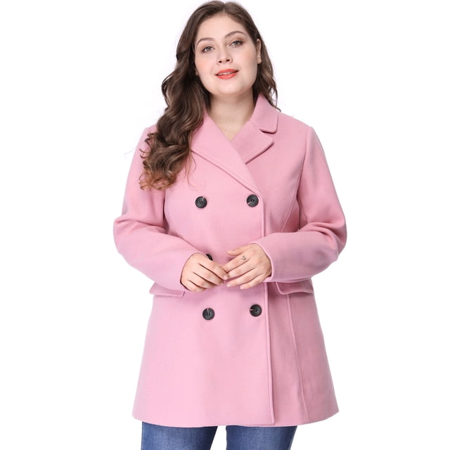 GRACE & GRANDEUR Women's Plus Peacoat Notched Lapel Double Breasted Mid Length Overcoat