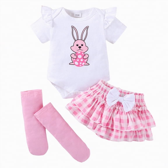 Baby Girl Easter Outfit Toddler Girl Summer Clothes Short Sleeve Bunny Romper and Ruffle Skirt Dress