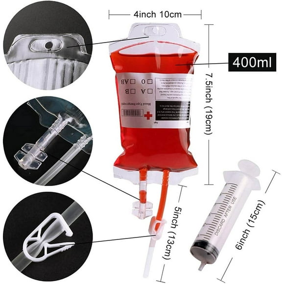 Blood Bag drinking. Set of 20 fake Blood Bags for Drinks,with Extra Syringe Set of Labels and Clips. Drink pouches Halloween