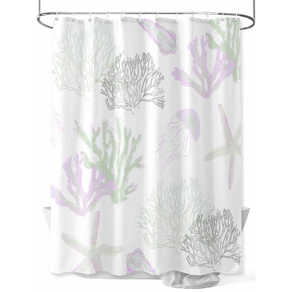 Sage Green Purple Coral Coastal Stall Shower Curtain, Waterproof Shower Curtains for Bathroom, Nautical Starfish Beach Washable Fabric Cloth Bath Curtain for Bathtub with Hooks 36x72 Inches