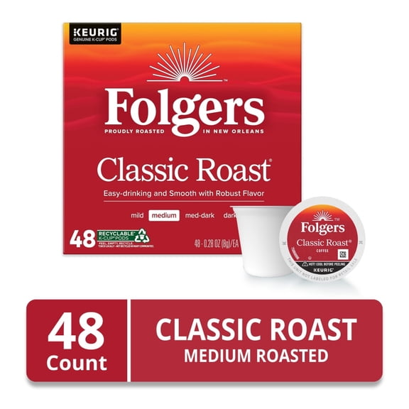 Folgers Classic Roast, Medium Roast Coffee, Keurig K-Cup Pods 48 count - Pack of 1