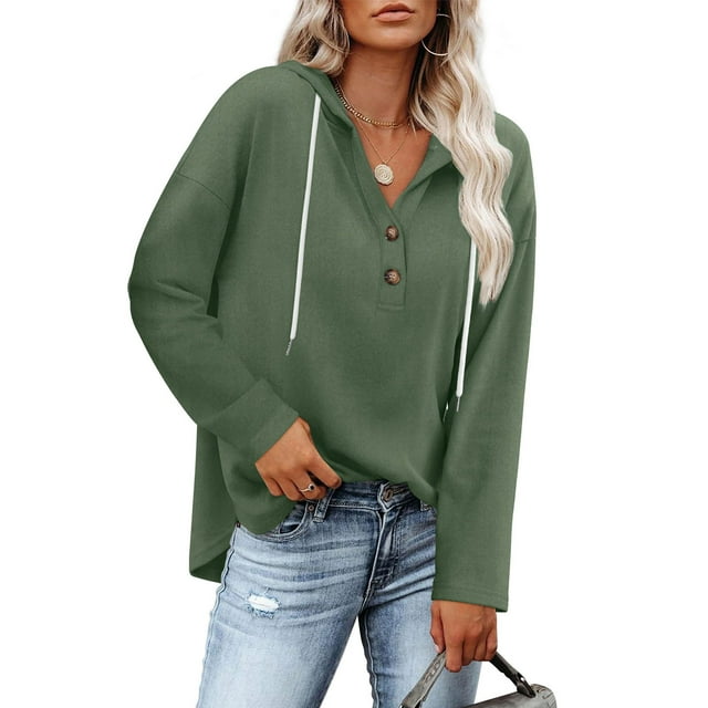 Timegard Hoodies for Women V Neck Button Long Sleeve Tops Solid Color Loose Casual Comfy Pullover Fall