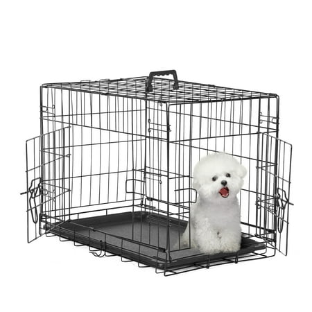 EDX Small Dog Crate with Divider Panel  24  Double Door Folding Metal Wire Dog Cage with Plastic Leak-Proof Pan Tray