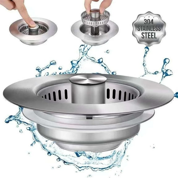 3-in-1 Kitchen Sink Drain Strainer – Stainless Steel Pop-Up Plug with Anti-Clog Basket, Fits 3.5” Standard Drains for Home & RV Use