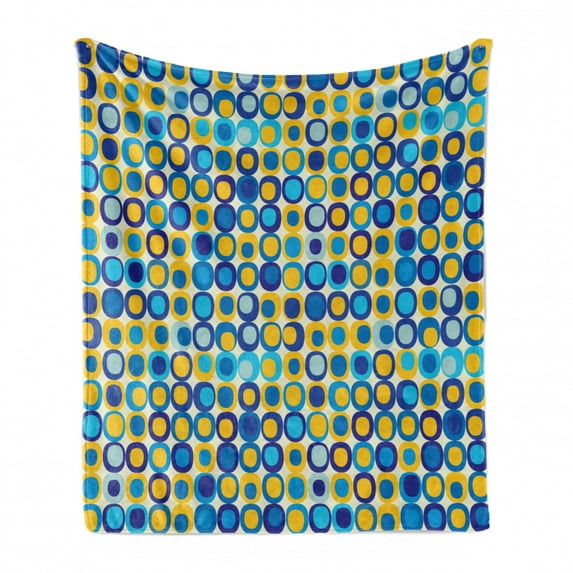 Yellow and Blue Soft Flannel Fleece Throw Blanket, Grid Style Circular Shapes on Off White Background Retro Revival Motifs, Cozy Plush for Indoor and Outdoor Use, 50" x 70", Multicolor, by Ambesonne