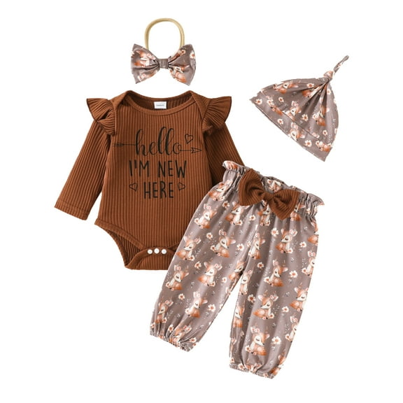Michellecmm Baby Girl Fall Outfits Romper Floral/Deer/Heart Pants Headband Hat