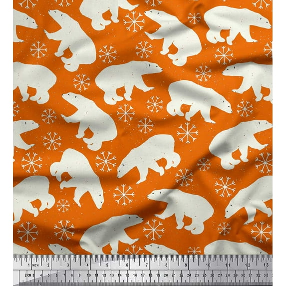 Soimoi Orange Georgette Viscose Fabric Snowflake & Polar Bear Animal Printed Fabric 1 Yard 42 Inch Wide