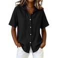 thumbnail image 4 of Women's Casual Short Sleeve Collar Hoodie Blouse, Solid Color Imitation Linen Top, 4 of 6