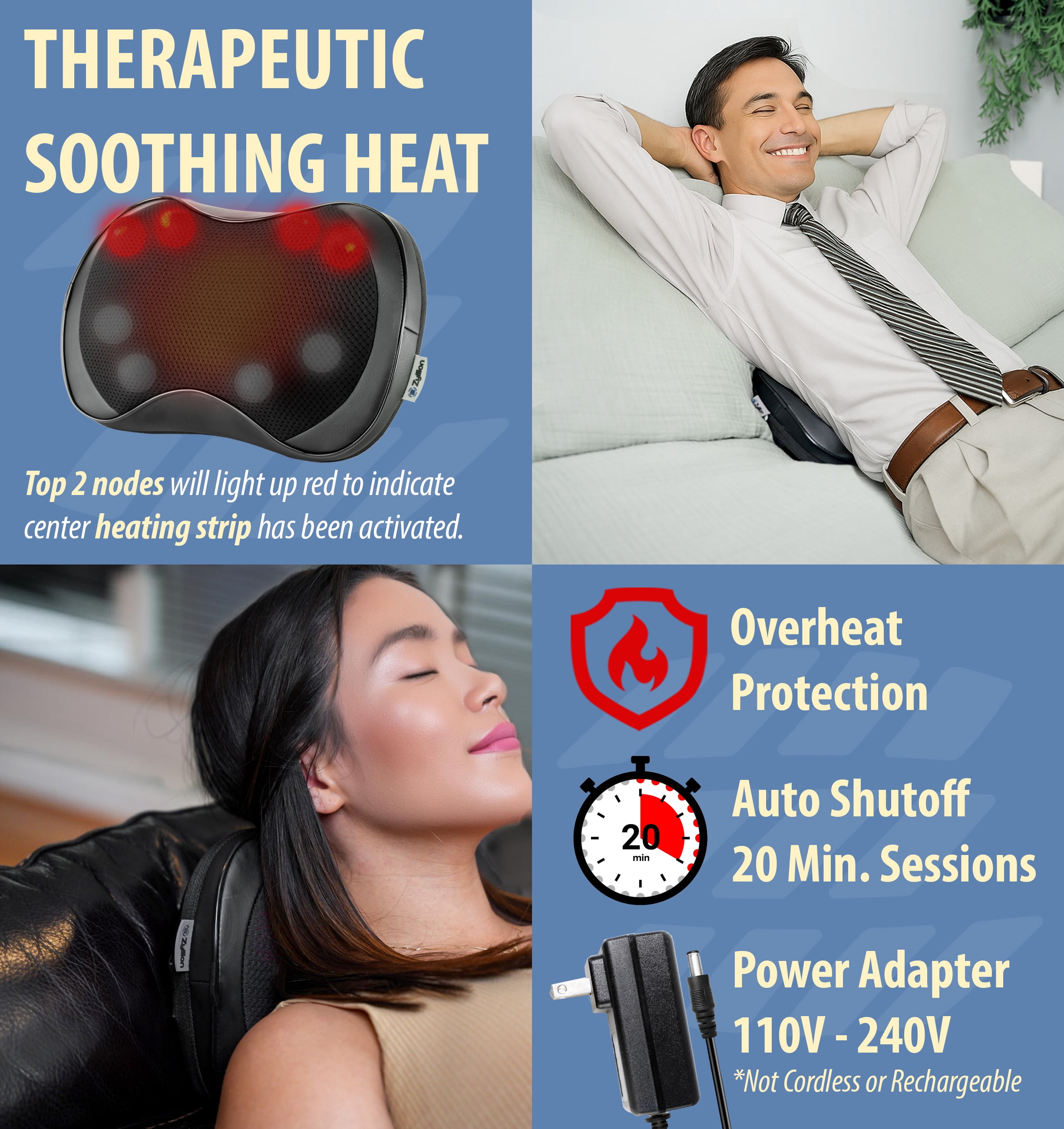 Zyllion Shiatsu Back & Neck Massager 3D Kneading 8-Node Massage Pillow with Heat for Muscle Pain, Black