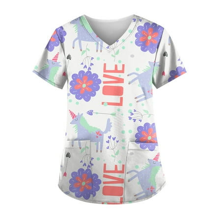 

QWERTYU Holiday Scrubs Top for Women Short Sleeve Professionals T Shirt V Neck Working Uniform Graphic Pockets Nursing Scrubs Light Purple M