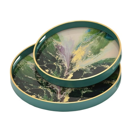 Three Hands Green and Gold Round Decorative Glass Trays - Set of 2